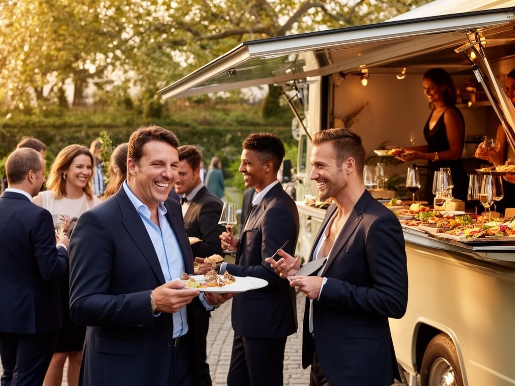 Corporate Event - Happy guests enjoying gourmet food